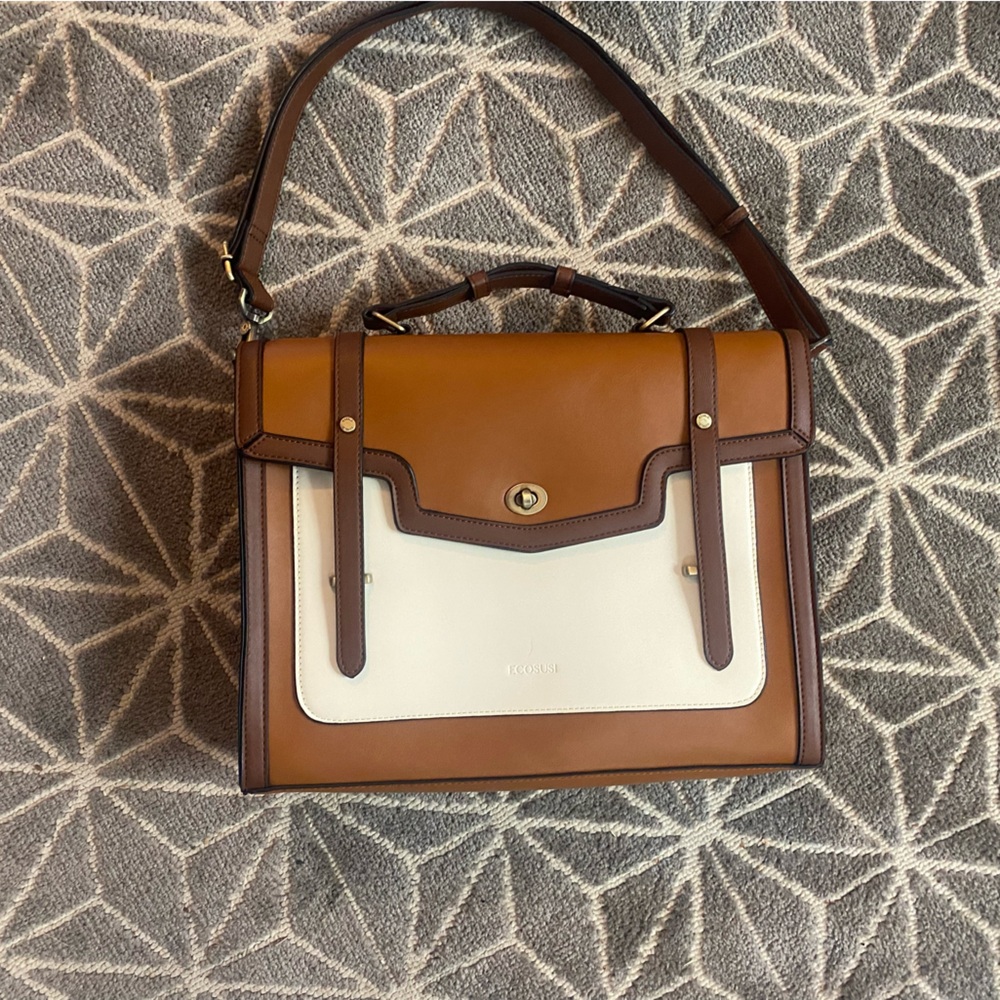 Brown and White Vegan Leather Laptop Bag - Picture 2 of 16